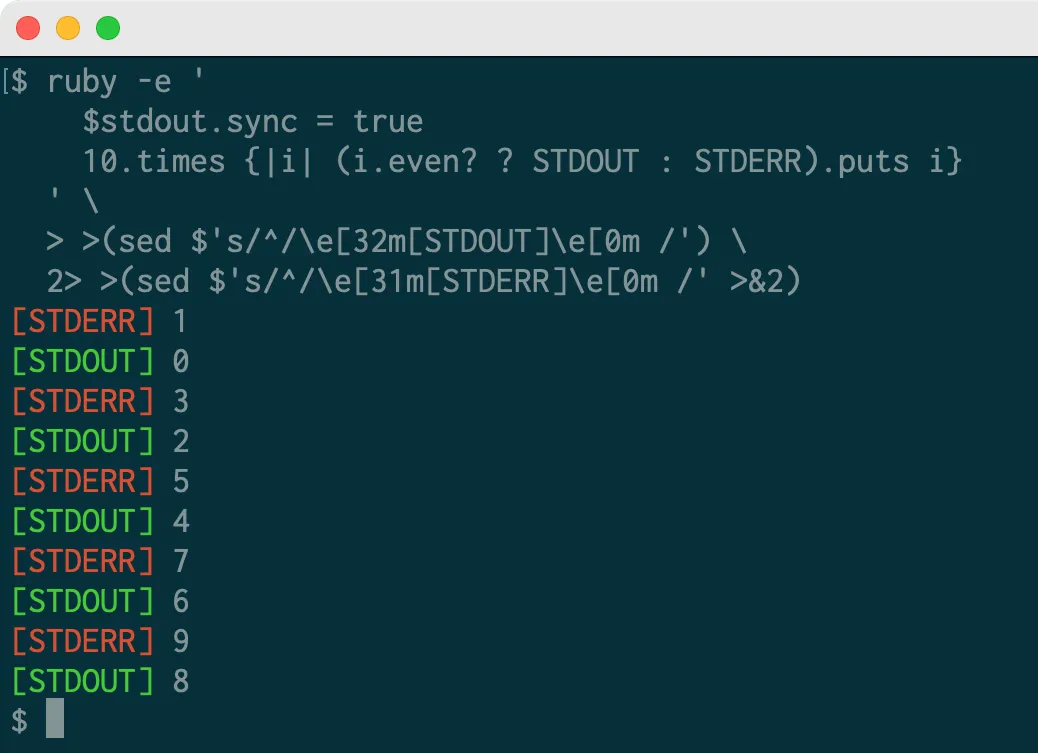 Screenshot of program output where odd numbers are prefixed with STDERR in red and even numbers are prefixed with STDOUT in green