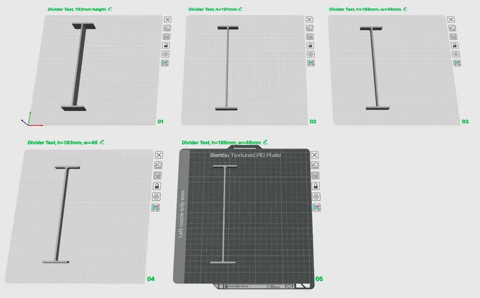 Screenshot of I-beam samples of various heights in Bambu Studio