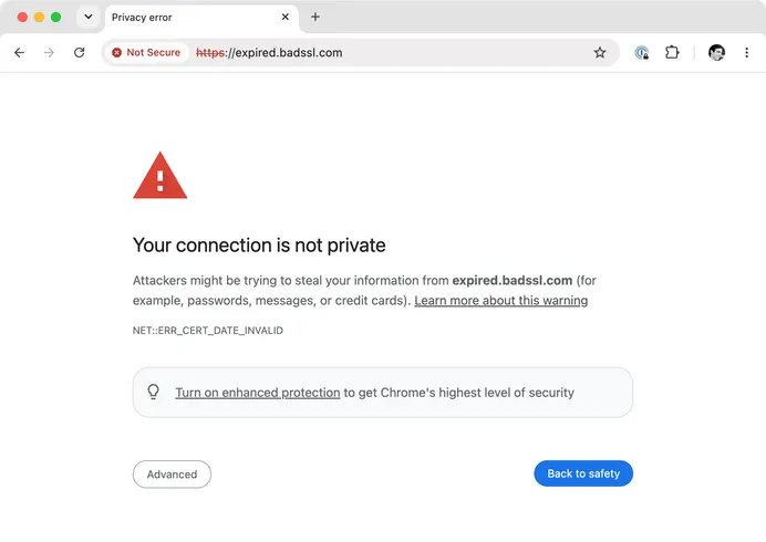 Screenshot of Chrome showing a warning for expired.badssl.com that says "Your connection is not private" and the error code ERR_CERT_DATE_INVALID.