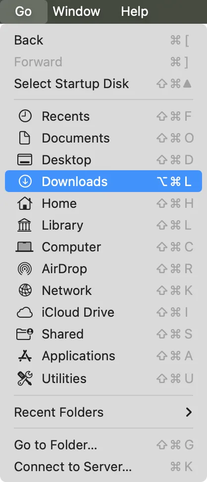 Screenshot of macOS Finder’s Go menu showing destinations and their corresponding keyboard shortcuts. Documents: cmd + shift + O; Downloads: cmd + option + L; Desktop: cmd + shift + D; etc.