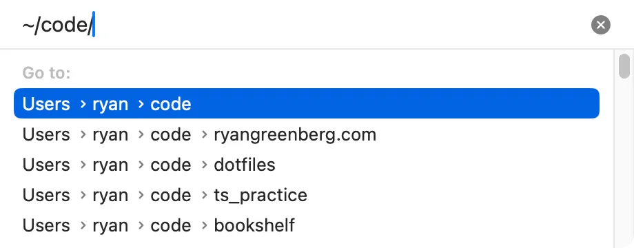 Screenshot of Go to Folder window with ~/code/ in the input box and a list of possible destinations below