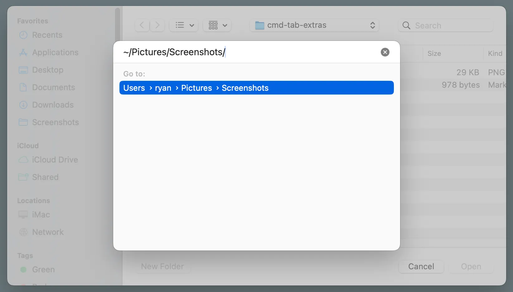 Screenshot of Go to Folder being used with an open/save dialog box in the background