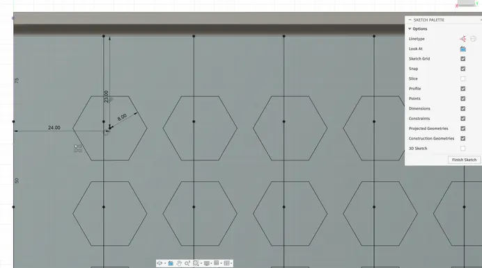 Screenshot of Fusion specifying parameters for the hexagon pattern on the side of the I-beam flange