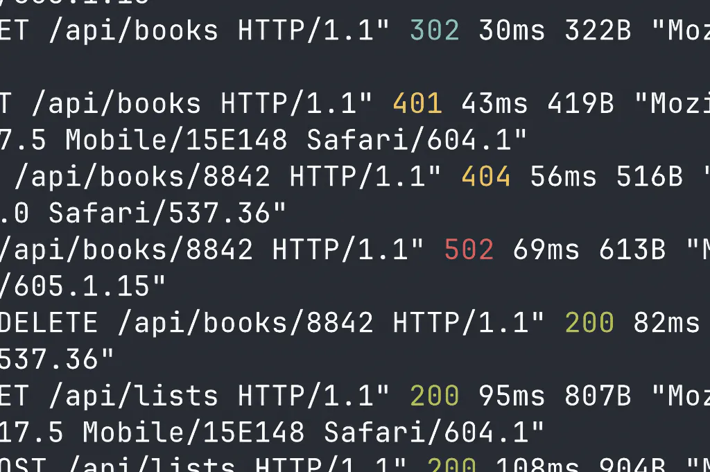 Screenshot of HTTP request log with HTTP status codes in color.