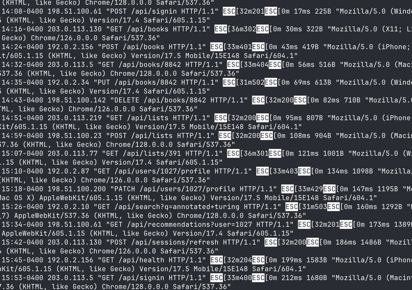 Screenshot of HTTP request log with HTTP status codes surrounded by control characters like ESC[33m.