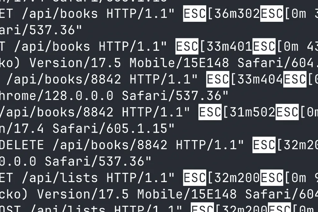 Screenshot of HTTP request log with HTTP status codes surrounded by control characters like ESC[33m.