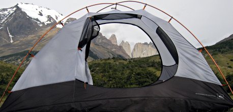 Tent frames the Torres del Paine