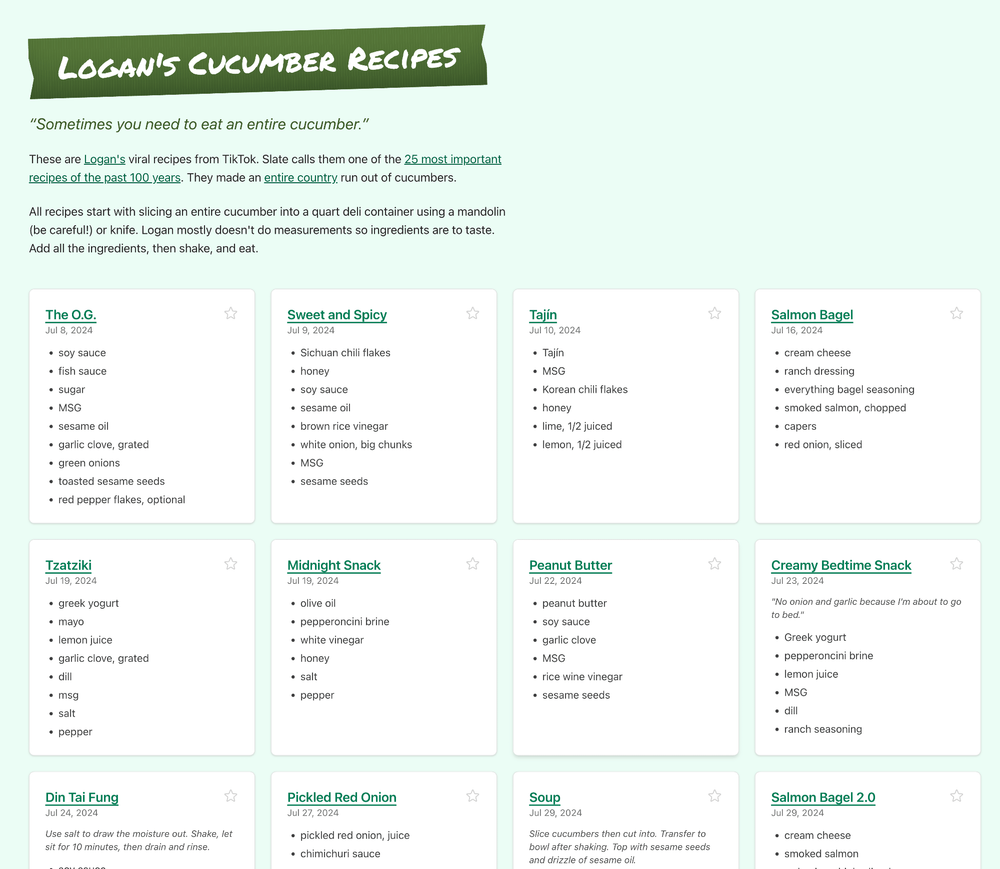 Screenshot of Logan's Cucumbers recipe list.