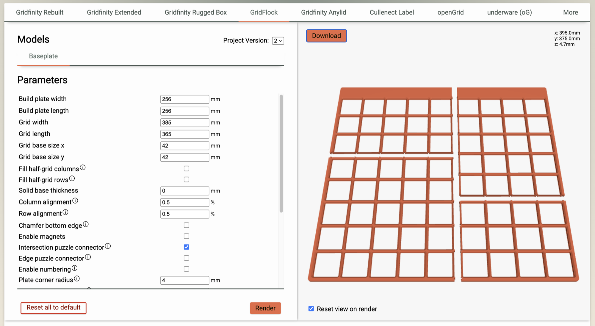 Screenshot of Perplexing Labs interface with rendered preview of gridfinity baseplate