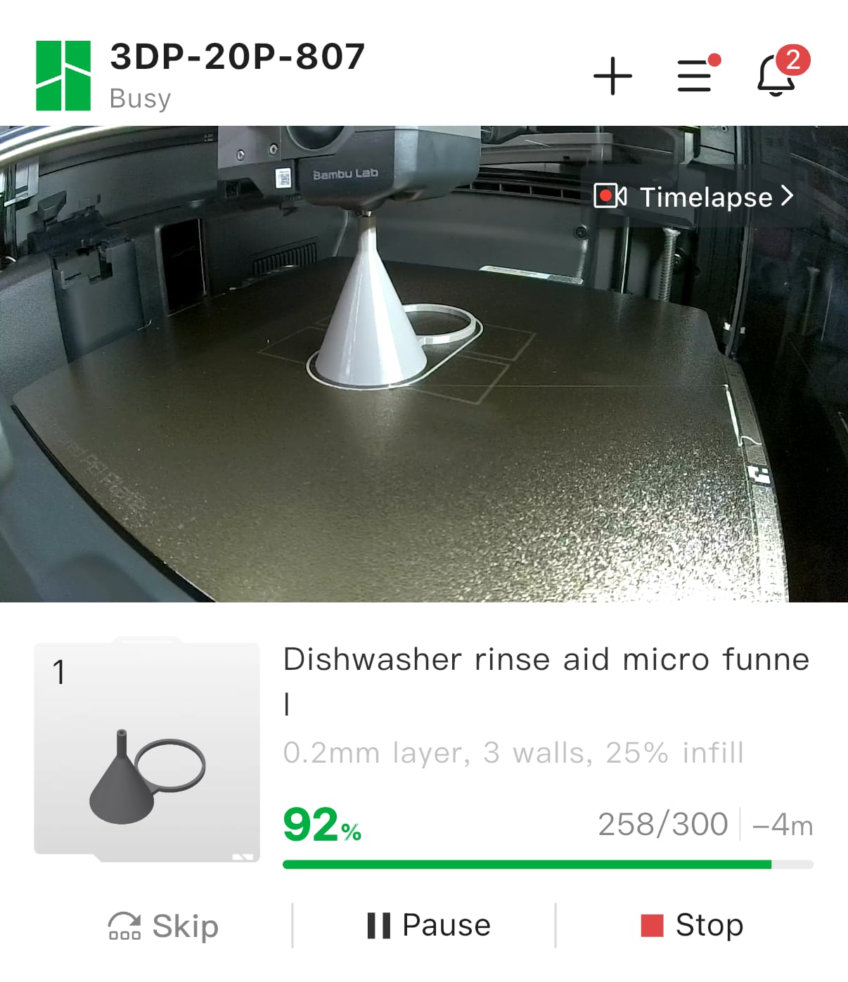 Screenshot of Handy mobile interface showing in-progress print of a micro funnel