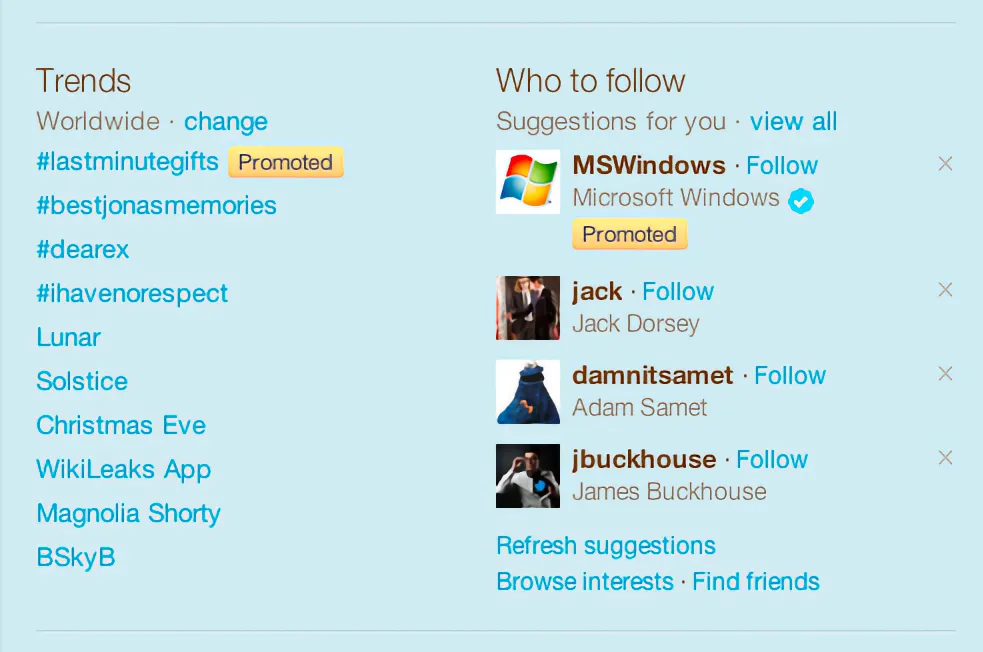 Screenshot of Twitter web client showing a list of trending topics with #lastminutegifts (Promoted) at the top, and a list of accounts to follow with MSWindows (Promoted) at the top.