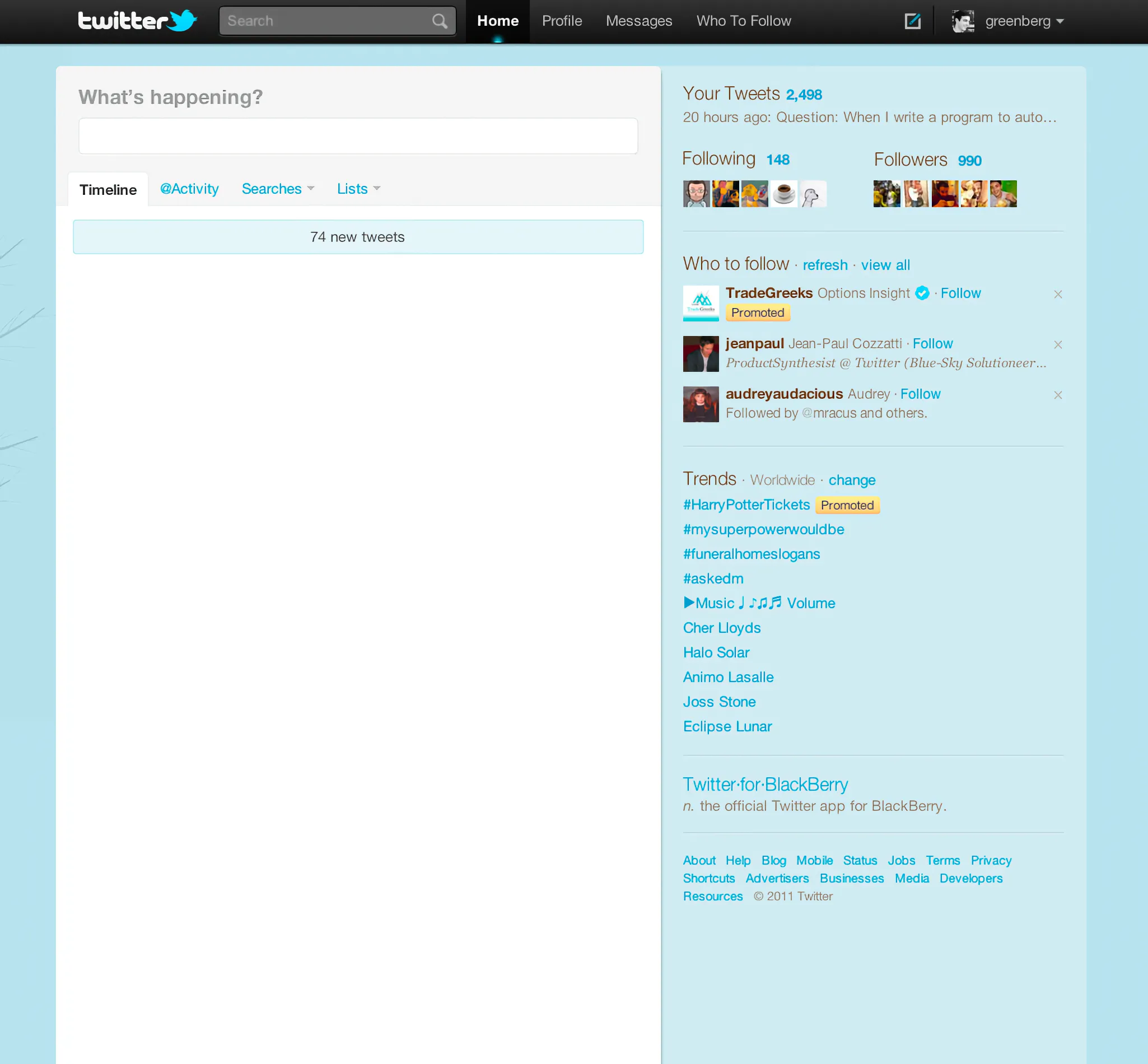 Screenshot of the Twitter web client circa 2011 with a blue banner '74 new tweets' and a blank timeline.