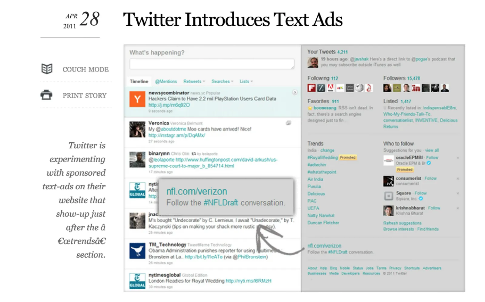 Screenshot of a news article highlighting the NFL Draft + Verizon dictionary entry on the Twitter homepage